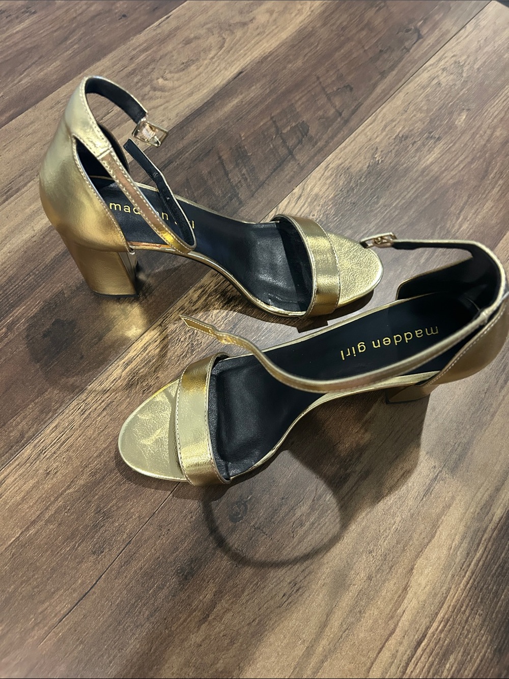 Madden Girl Metallic Gold Ankle-Strap Block Heel Sandals